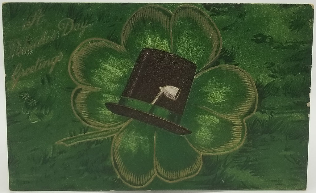 Saint Patrick's Day Postcard, Irish Themed Card, St Patrick Green Background Gold Highlights Top Hat with Pipe