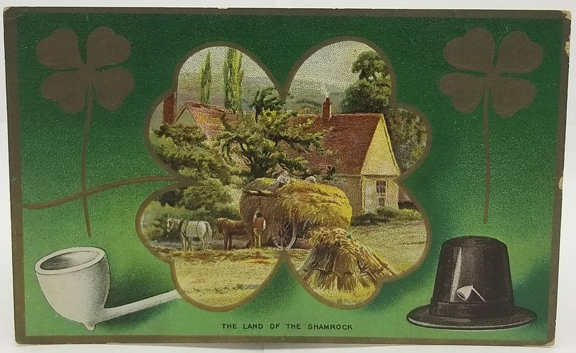 Saint Patrick's Day Postcard, Irish Themed Card, St Patrick Gold Embossed Landscape Hay Wagon Shamrock Pipe & Hat