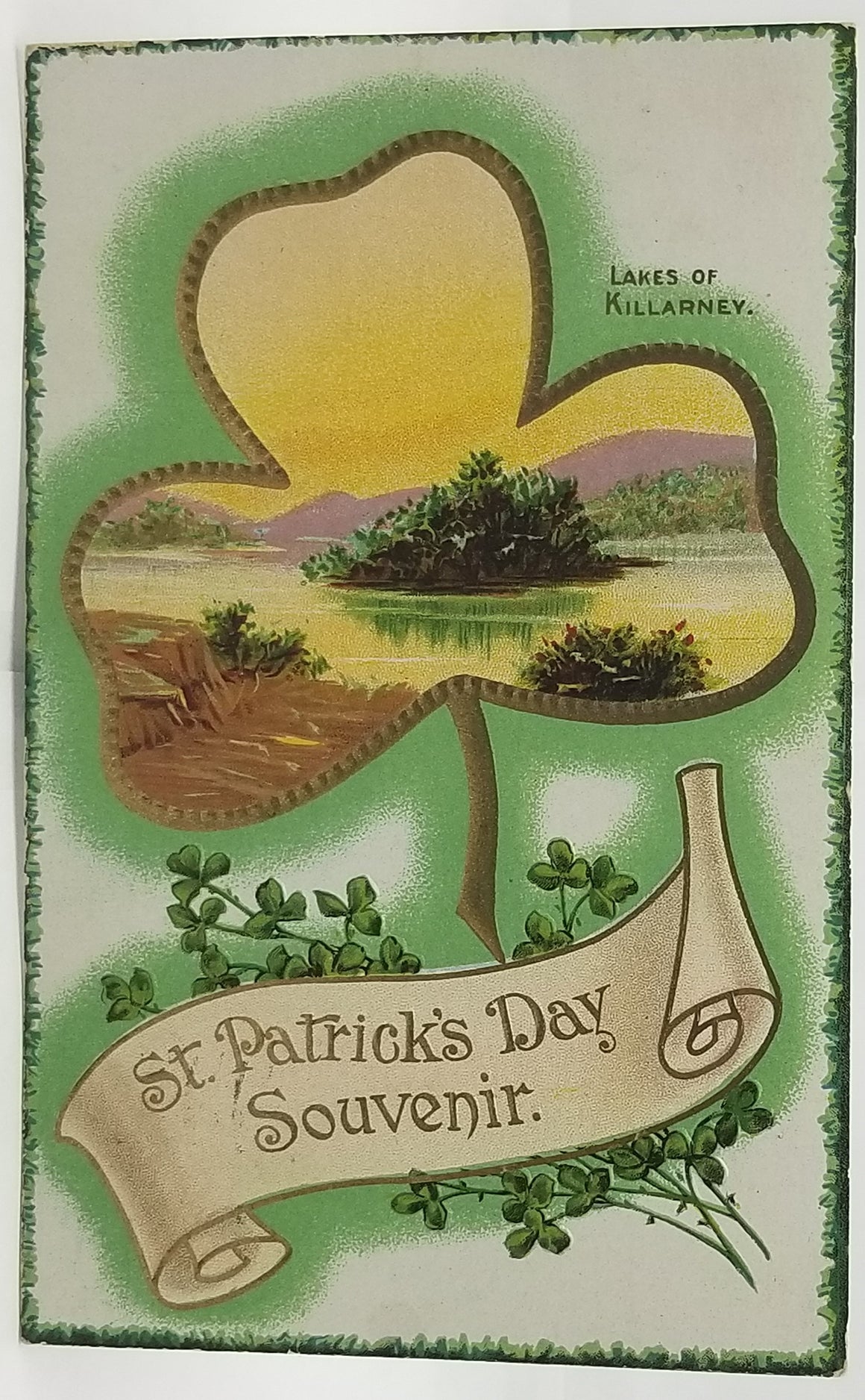 Saint Patrick's Day Postcard, Irish Themed Card, St Patrick Gold Embossed Lakes of Killarney