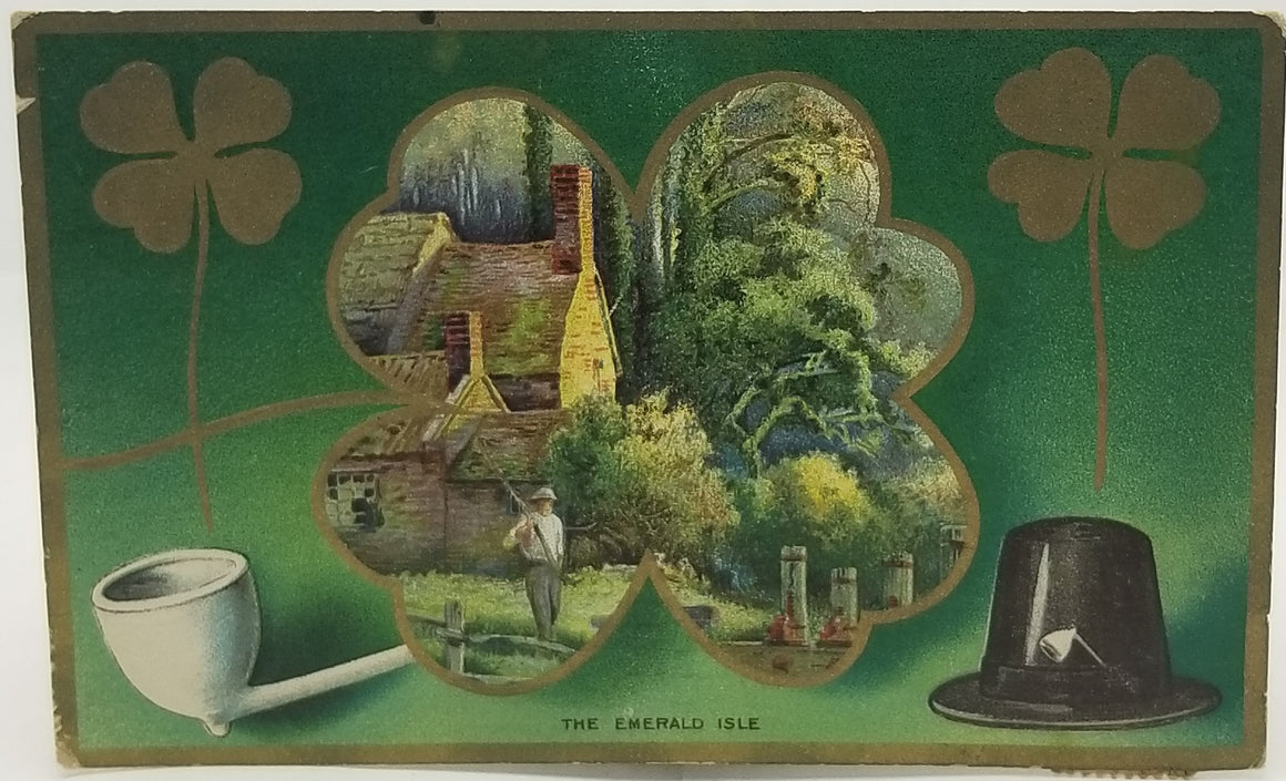 Saint Patrick's Day Postcard, Irish Themed Card, St Patrick Gold Embossed Landscape Farmer Near Home Shamrock Pipe & Hat Emerald Isle