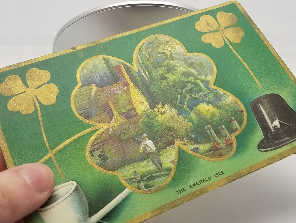 Saint Patrick's Day Postcard, Irish Themed Card, St Patrick Gold Embossed Landscape Farmer Near Home Shamrock Pipe & Hat Emerald Isle