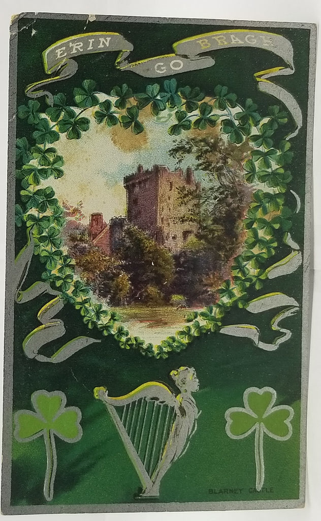 Saint Patrick's Day Postcard, Irish Themed Card, St Patrick Silver Embossed Blarney Castle with Harp and Shamrocks