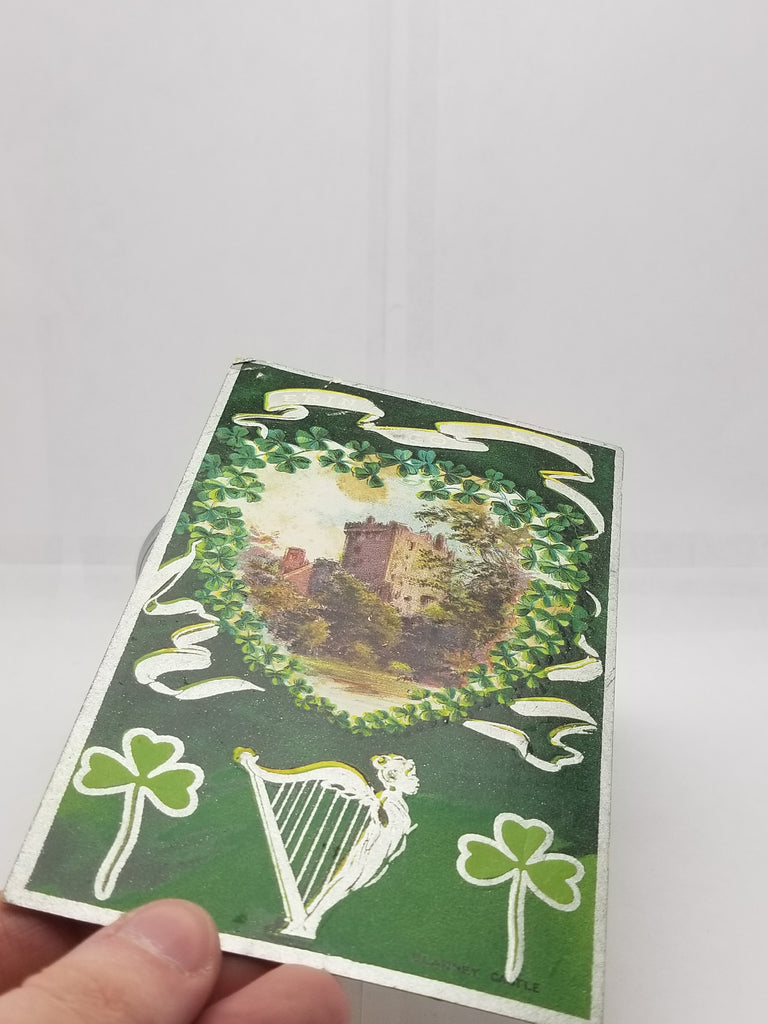 Saint Patrick's Day Postcard, Irish Themed Card, St Patrick Silver Embossed Blarney Castle with Harp and Shamrocks