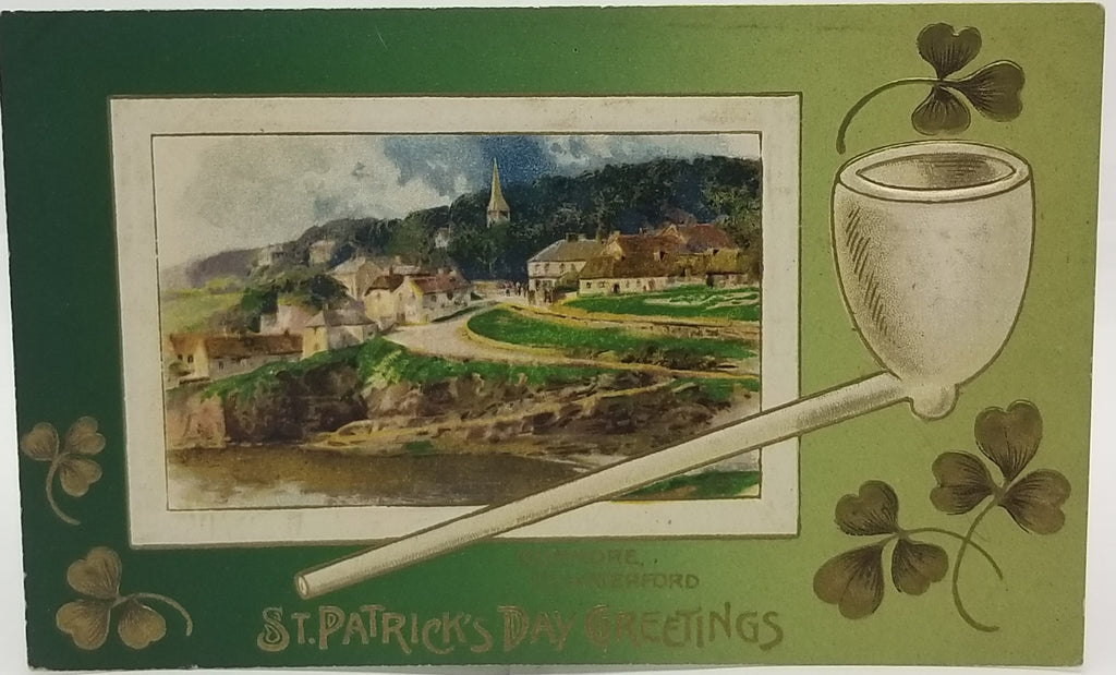 Saint Patrick's Day Postcard, Irish Themed Card, St Patrick Gold Embossed Dunmore Landscape White Pipe Winsch Pub