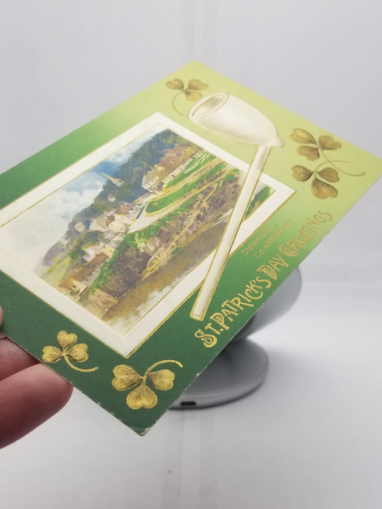 Saint Patrick's Day Postcard, Irish Themed Card, St Patrick Gold Embossed Dunmore Landscape White Pipe Winsch Pub