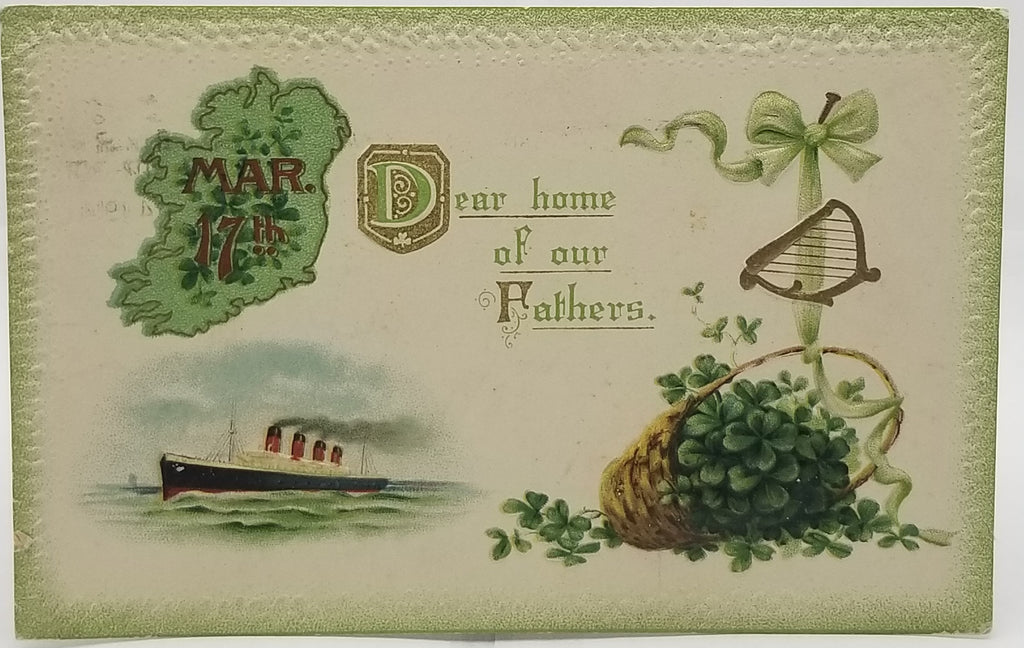 Saint Patrick's Day Postcard, Irish Themed Card, St Patrick Series 2410 Ship and Shamrocks Land of Our Fathers