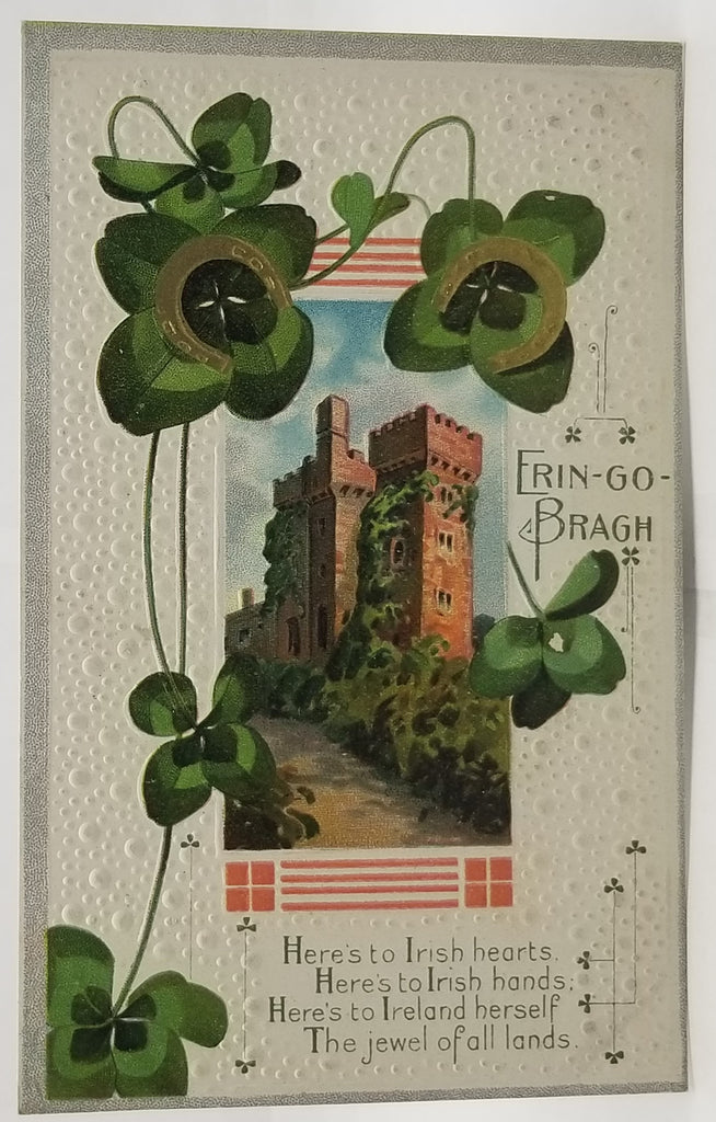 Saint Patrick's Day Postcard Embossed Card Castle with Four Leaf Clover Gold Highlights Series 244