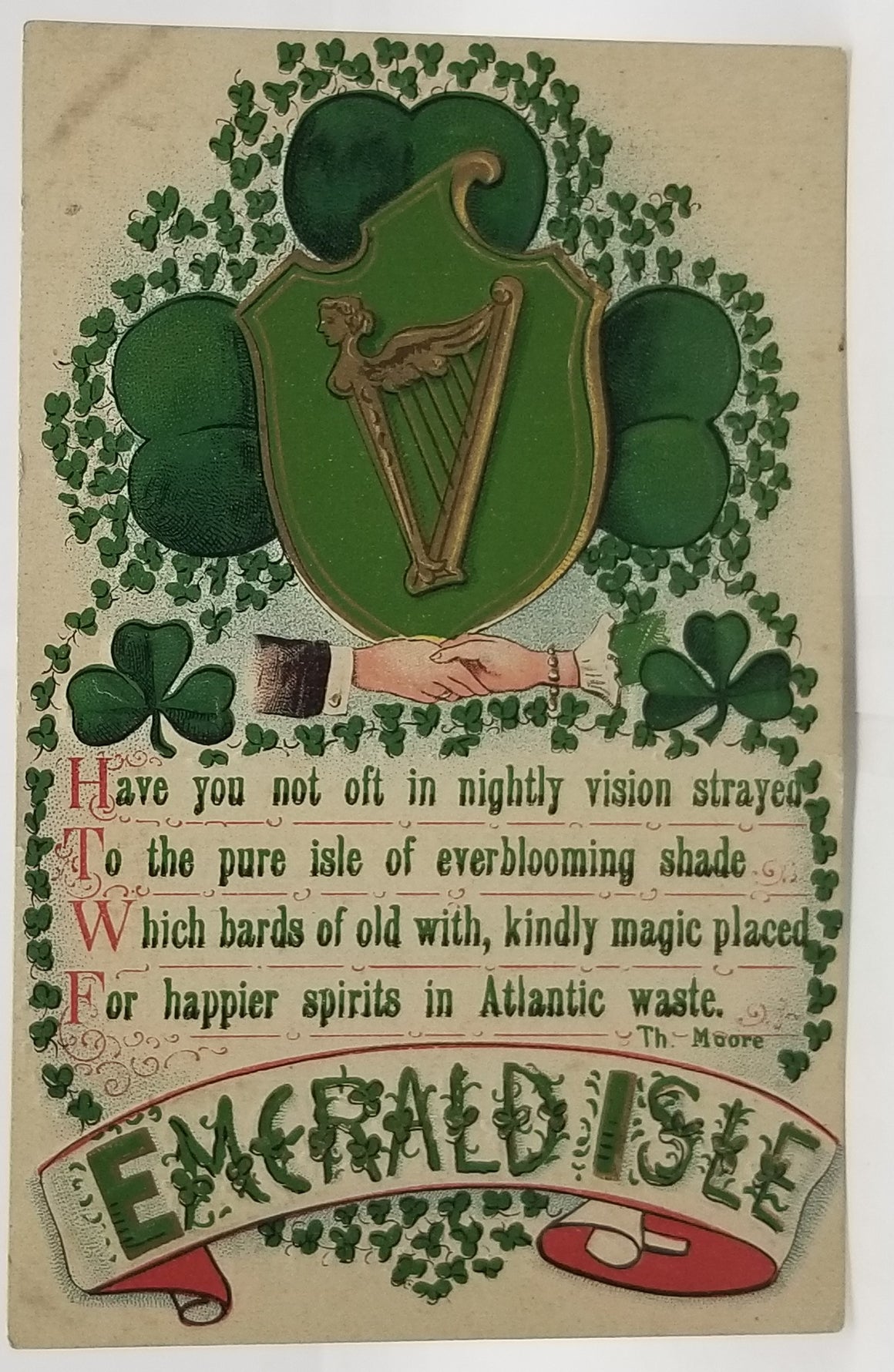 Saint Patrick's Day Postcard Embossed Emerald Isle Four Leaf Clovers Gold Lady Harp Irish Coat of Arms