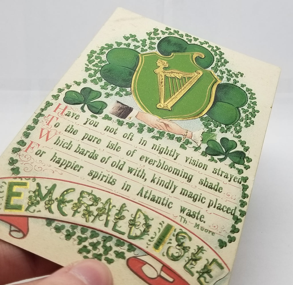 Saint Patrick's Day Postcard Embossed Emerald Isle Four Leaf Clovers Gold Lady Harp Irish Coat of Arms