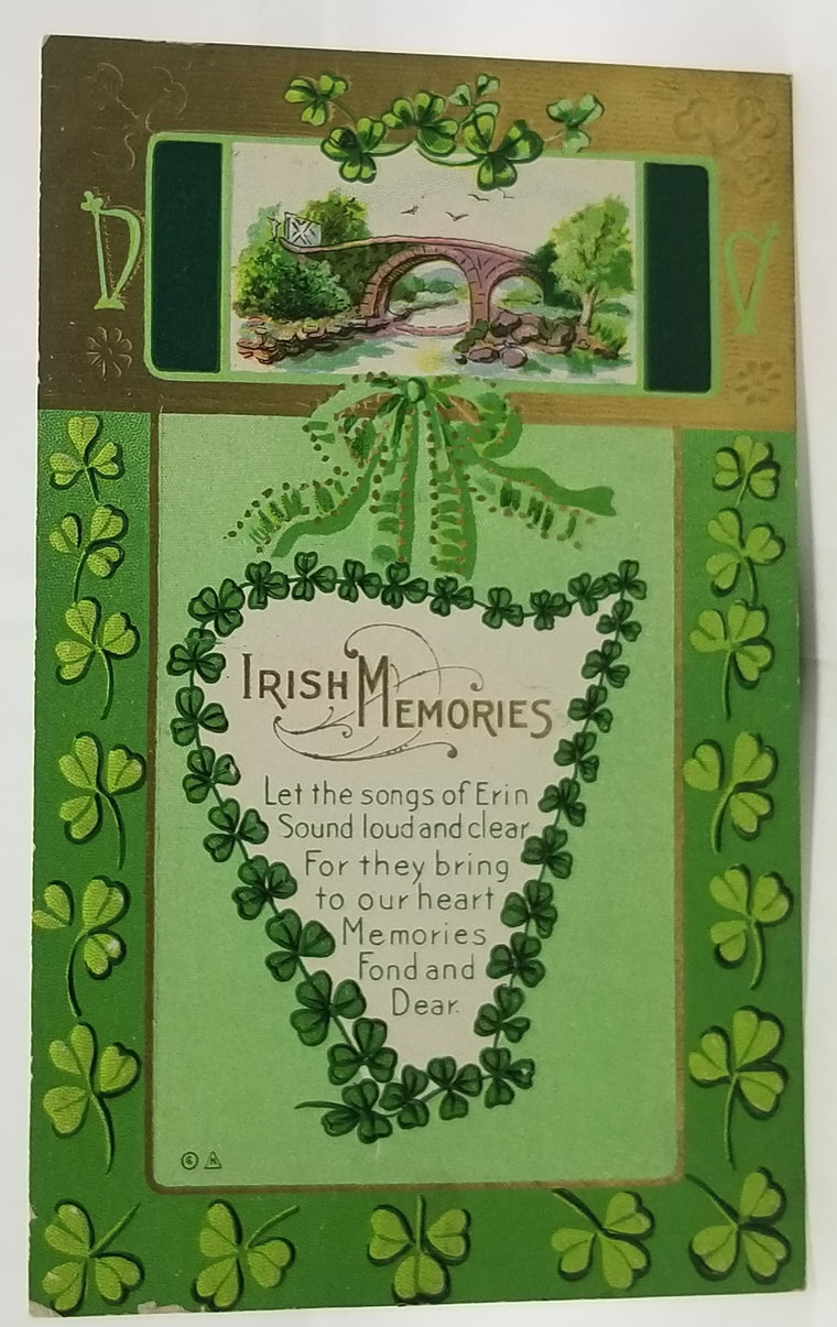 Saint Patrick's Day Postcard Embossed Irish Memories Poem Gold Top Shamrock Border