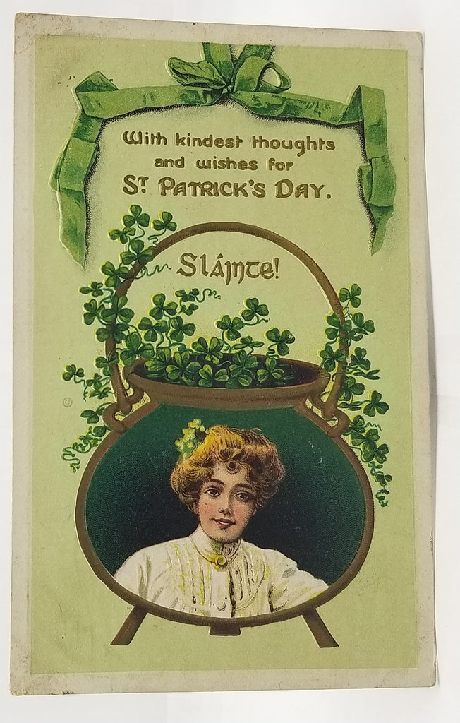 Saint Patrick's Day Postcard Portrait of Lady in Giant Gold Embossed Pot Filled with Green Clover Series 742