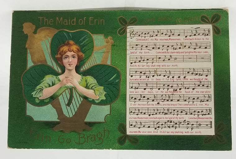 Saint Patrick's Day Postcard Maid of Erin Woman in Golden Harp IAP Publishing