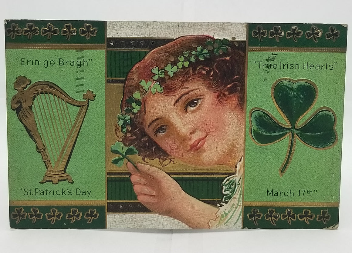 St Patrick's Day Postcard Gold Embossed Woman with Clover Headband Harp and Shamrock No 3