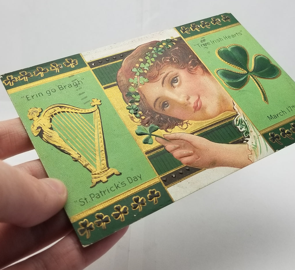 St Patrick's Day Postcard Gold Embossed Woman with Clover Headband Harp and Shamrock No 3