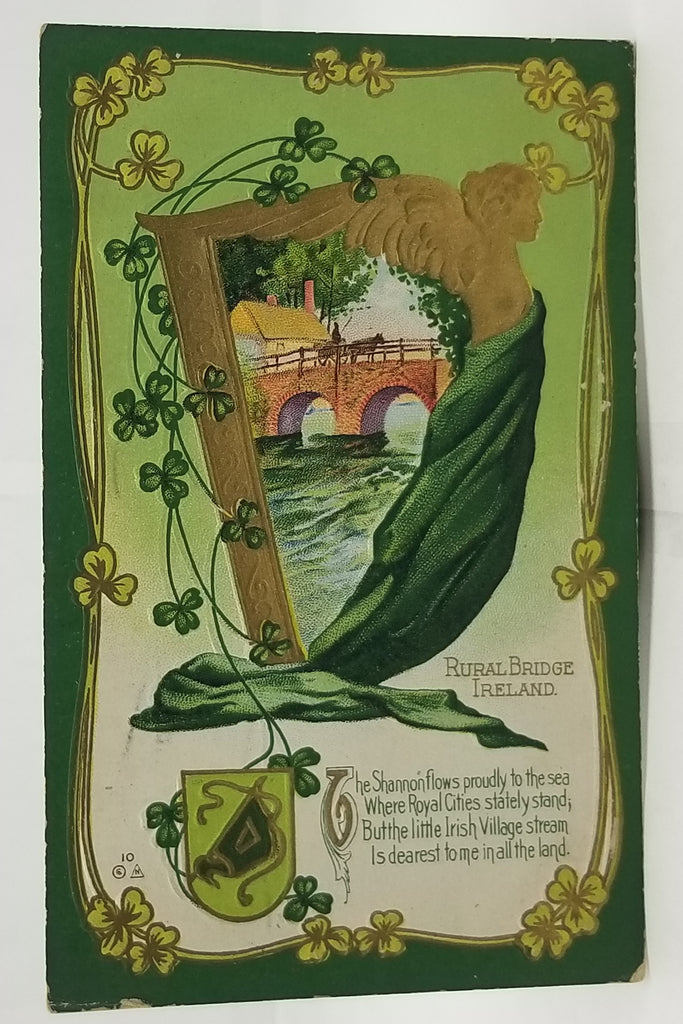 St Patrick's Day Postcard Gold Embossed Card Ireland Bridge Image in Harp with Irish Flag