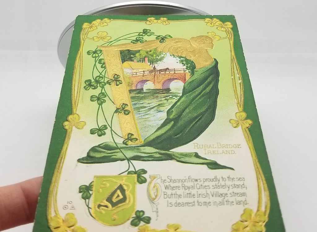 St Patrick's Day Postcard Gold Embossed Card Ireland Bridge Image in Harp with Irish Flag