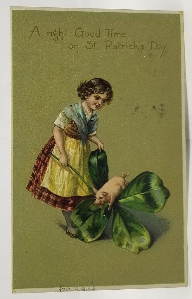 St Patrick's Day Postcard Young Girl Holding Giant Four Leaf Clover with Pig Raphael Tuck Publishing Embossed Early Undivided Back