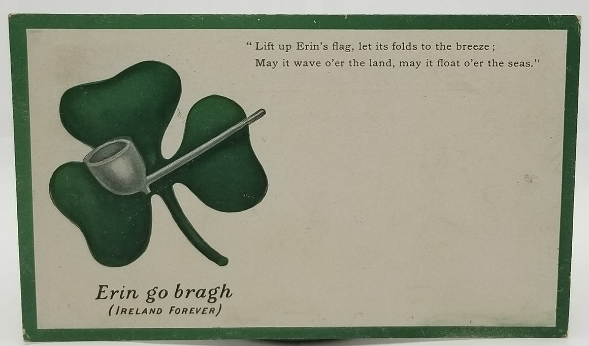 St Patrick's Day Postcard Silver Pipe Over Large Shamrock with Irish Poem Erin Go Bragh Early Undivided Back 1907