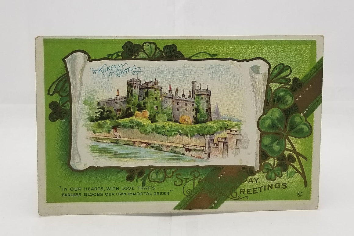 St Patricks Day Postcard Kilkenny Castle Gold Embossed Card Irish Poem at Bottom