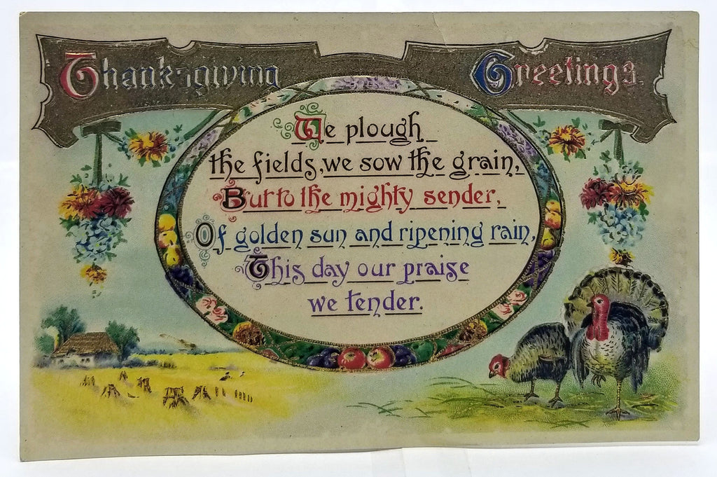 Thanksgiving Postcard Turkeys with Fruit Gold Embossed Poem Series 2484