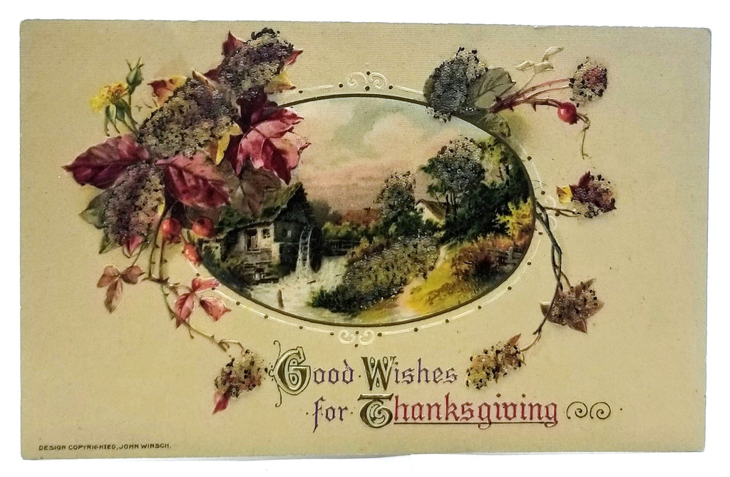 Thanksgiving Postcard John Winsch Pub Landscape Home Applied Glitter