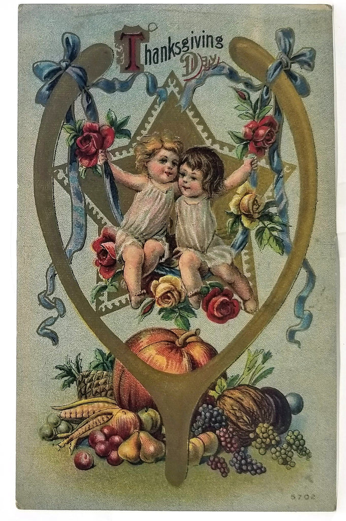 Thanksgiving Postcard Children Swinging in Wishbone Fall Harvest Gold 5702