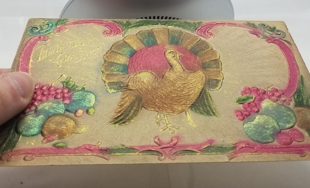 Thanksgiving Postcard Heavy Embossed Gold Highlights Airbrushed Turkey Bird