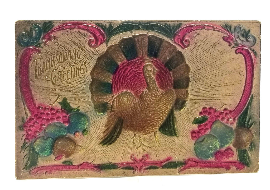 Thanksgiving Postcard Heavy Embossed Gold Highlights Airbrushed Turkey Bird