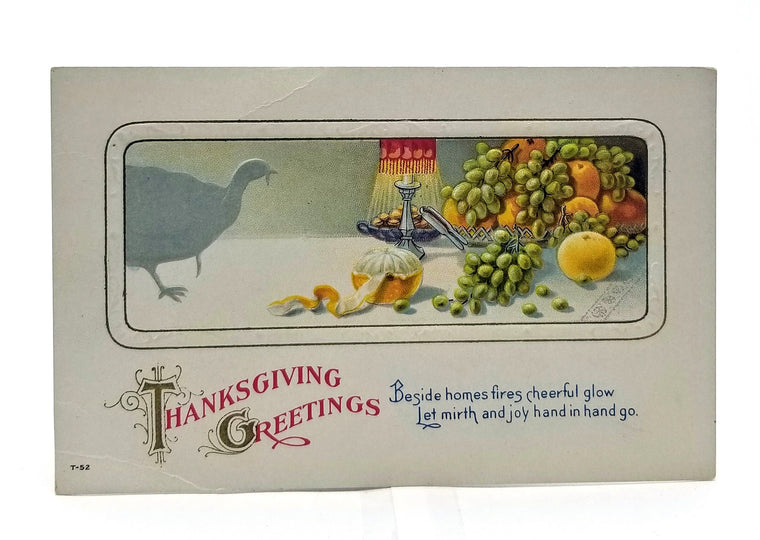 Thanksgiving Postcard Silver Embossed Turkey Bird with Harvest Dinner