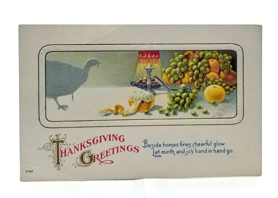 Thanksgiving Postcard Silver Embossed Turkey Bird with Harvest Dinner