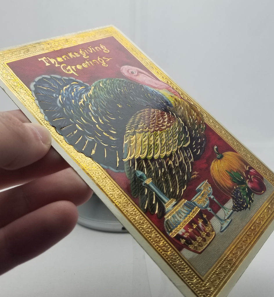 Thanksgiving Postcard Gold Embossed Turkey Bird w/ Wine & Food Gel Finish 7043