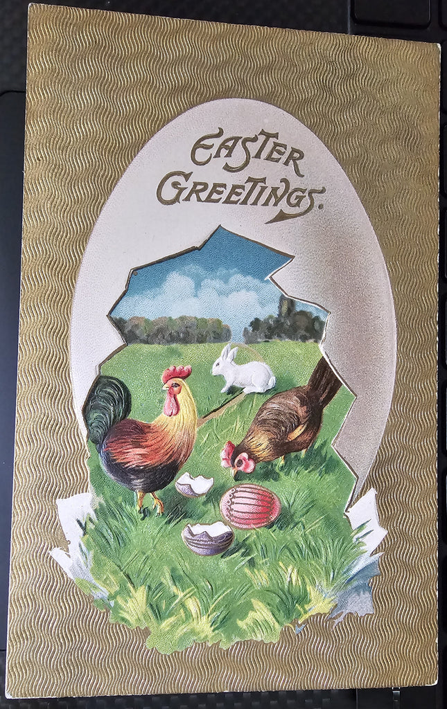 Easter Postcard Baby Chicks with Rooster Hen & White Rabbit Gold Textured Background