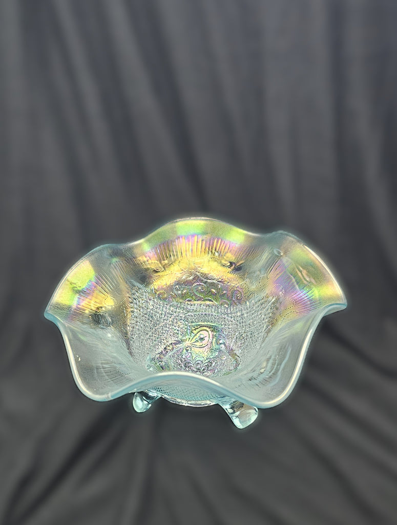 Antique Carnival Glass Northwood Ice Blue Fine Cut & Roses Footed Candy Dish Bowl