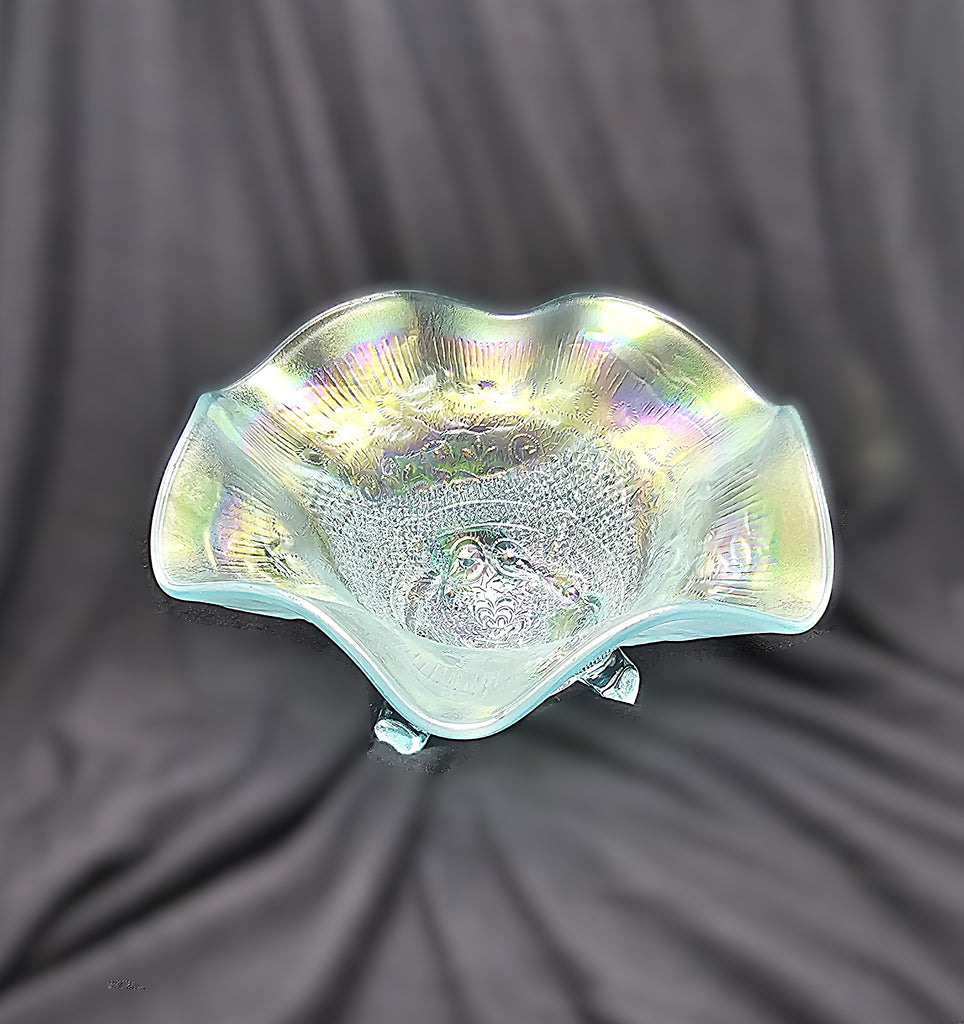 Antique Carnival Glass Northwood Ice Blue Fine Cut & Roses Footed Candy Dish Bowl