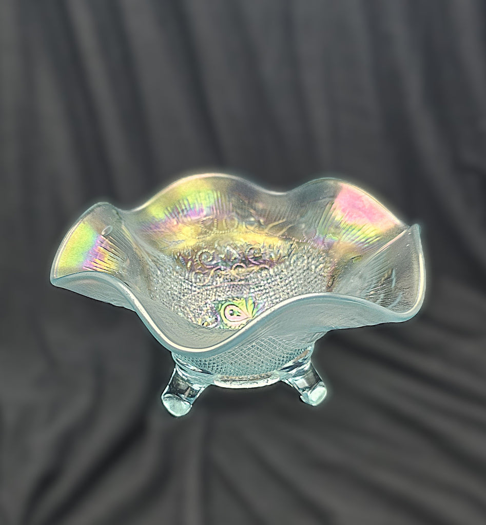 Antique Carnival Glass Northwood Ice Blue Fine Cut & Roses Footed Candy Dish Bowl