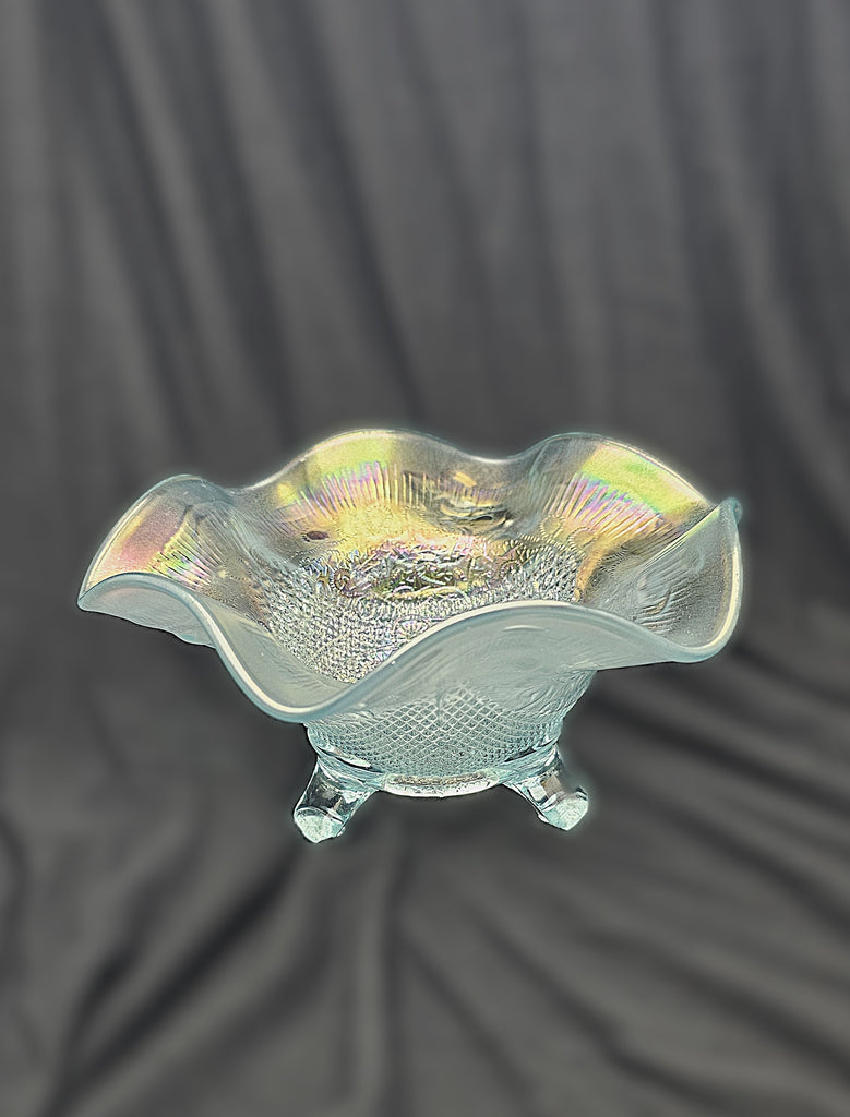 Antique Carnival Glass Northwood Ice Blue Fine Cut & Roses Footed Candy Dish Bowl