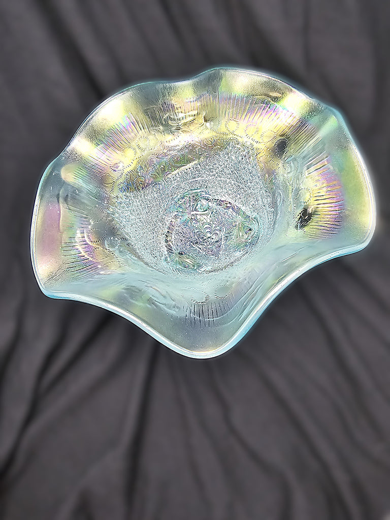 Antique Carnival Glass Northwood Ice Blue Fine Cut & Roses Footed Candy Dish Bowl