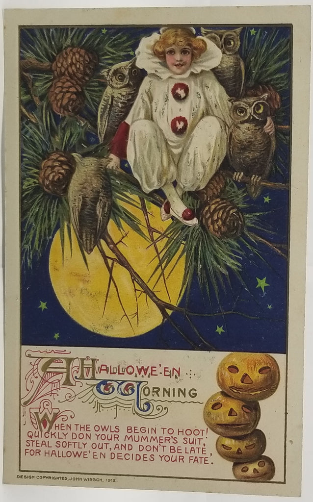 Halloween Postcard RARE NM Clown Pierrot Girl in Tree with Owls Carved JOLS John Winsch Pub Artist Samuel Schmucker