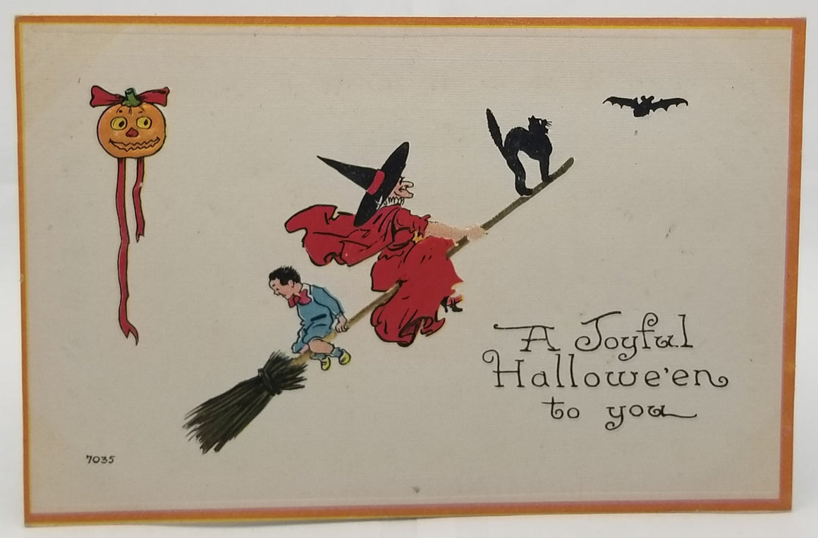 Halloween Postcard Child Riding on Back of Broom with Witch in Red Black Cat JOL  & Bat Bergman Pub. Near Mint Card