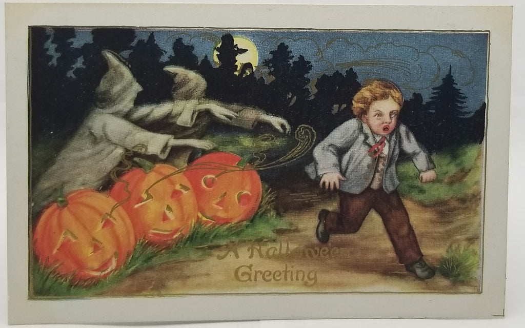 Halloween Postcard Child Running Scared from Ghosts Behind JOL Pumpkins in the Night with Gold Highlights Mint Card