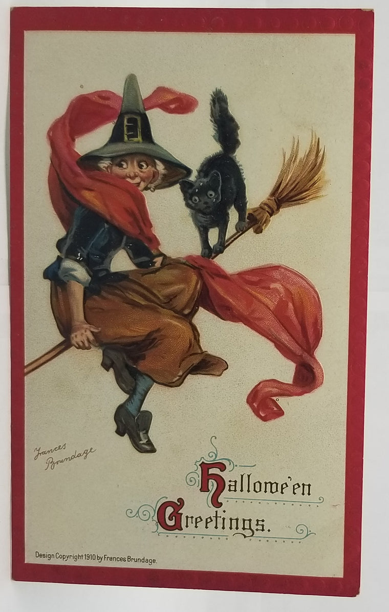 Halloween Postcard Series 120 Artist Frances Brundage Witch with Red Cape on Broom With Black Cat Red Raised Border