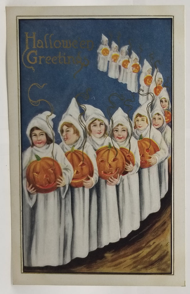 Halloween Postcard Children Dressed as Ghosts in Line Holding Carved Pumpkin JOLS in the Night with Gold Highlights Mint Card