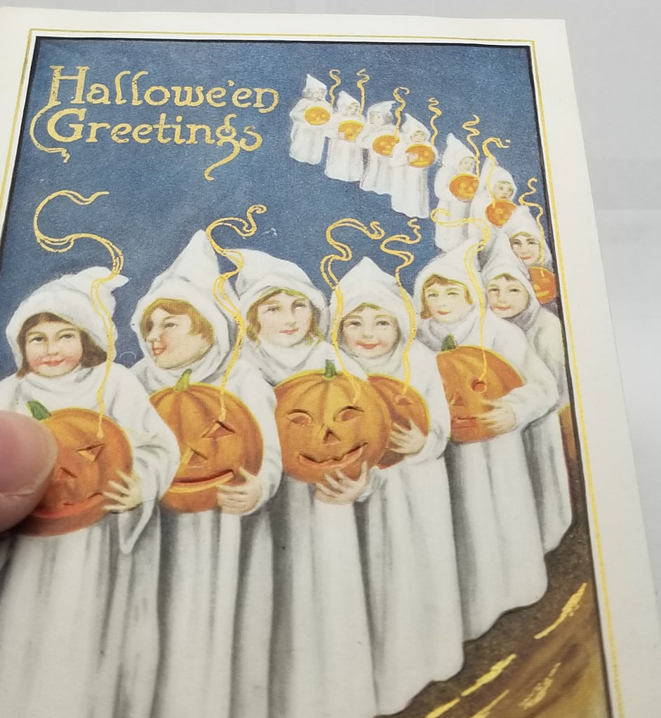 Halloween Postcard Children Dressed as Ghosts in Line Holding Carved Pumpkin JOLS in the Night with Gold Highlights Mint Card