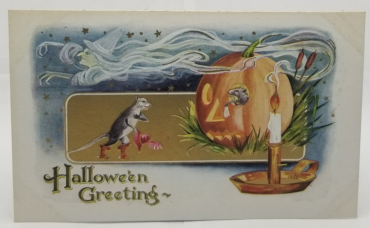 Halloween Postcard Dressed Rats Living in Carved Pumpkin Candle Smoke Shows Floating Witch