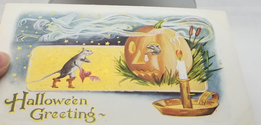 Halloween Postcard Dressed Rats Living in Carved Pumpkin Candle Smoke Shows Floating Witch