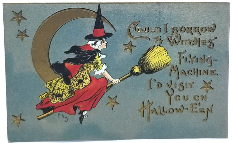 Halloween Postcard Series 2262 Artist HB Griggs Witch in Red Dress on Broom with Gold Embossed Moon & Stars with Gold Writing