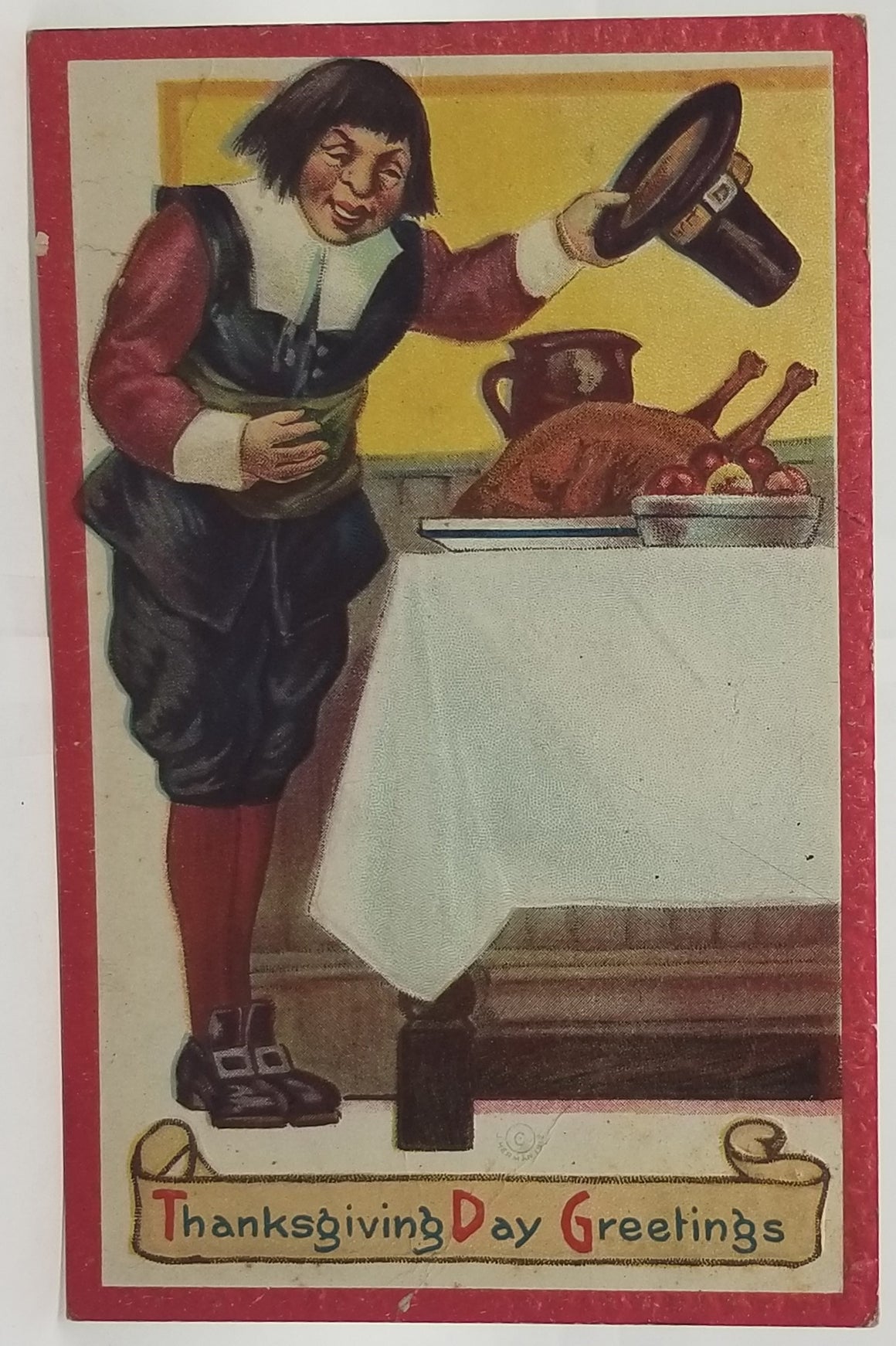 Thanksgiving Postcard Pilgrim Man Holding Hat with Turkey on Table Red Border Series 642