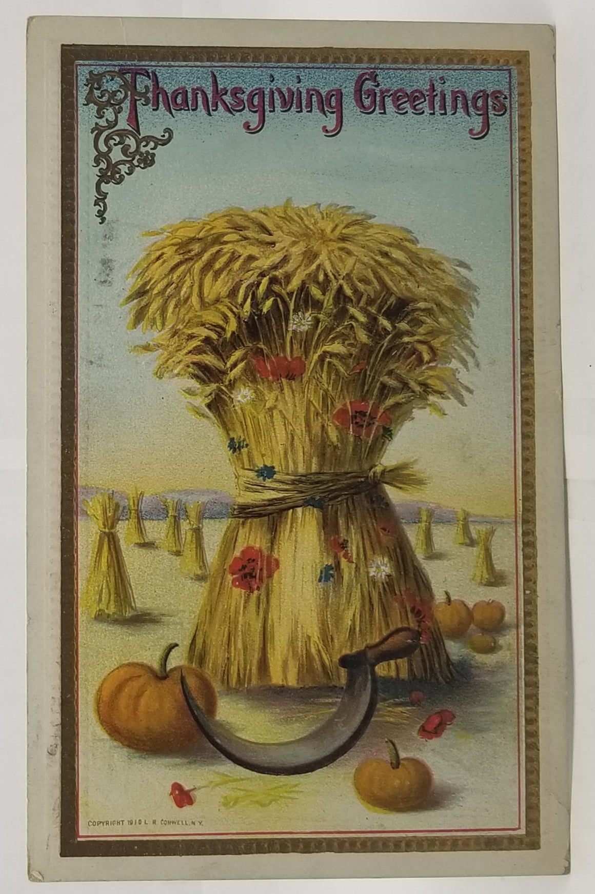 Thanksgiving Postcard Haystack with Harvest Pumpkins & Sickle Series 636