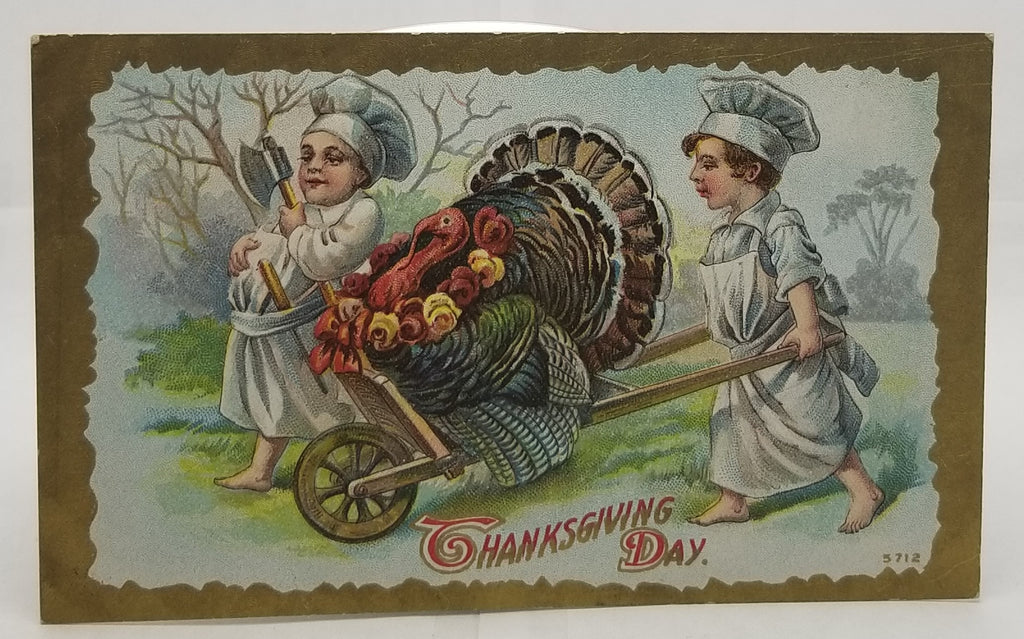 Thanksgiving Postcard Two Chefs Moving Turkey in Wagon Series 5712