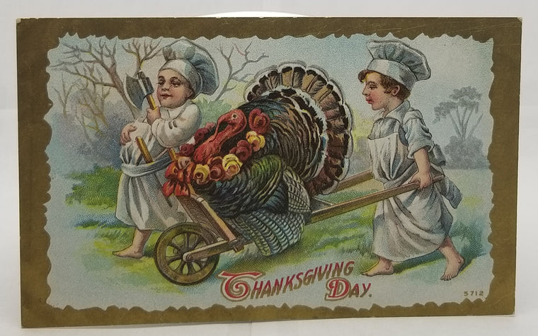 Thanksgiving Postcard Two Chefs Moving Turkey in Wagon Series 5712